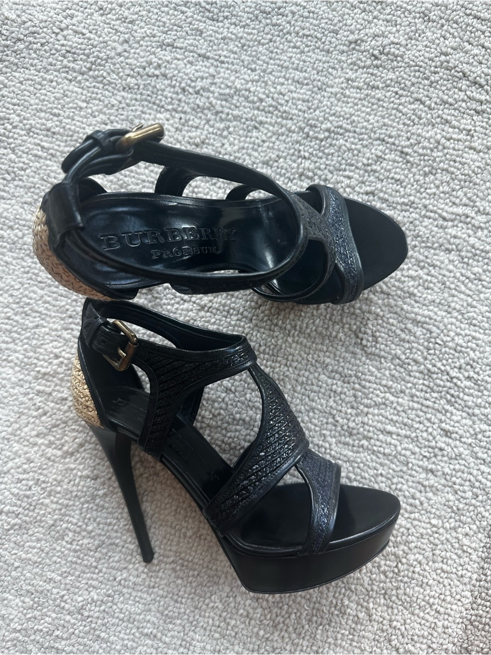 Burberry Raffia & Black Leather Strappy High Platform Sandals- Never Worn